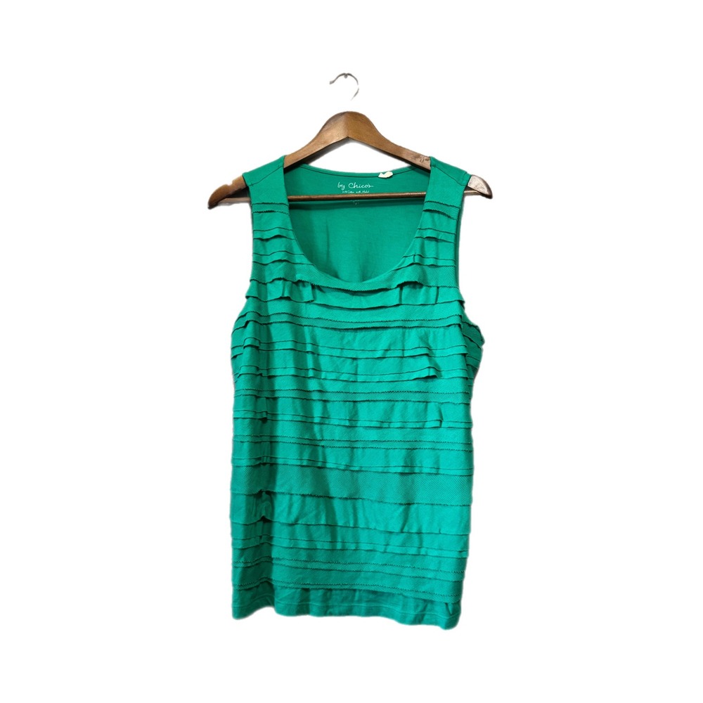 Chicos Ruffle Tank Top Womens 2 Green Excellent Sleeveless Scoop Neck Cotton